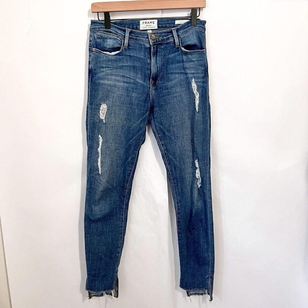 Frame Le High Rise Skinny Jeans Distressed Size 27 Raw Chewed Hem Stretch